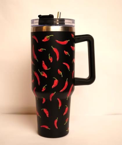 Image of 1200ML Stainless Steel Tumbler Hot and Cold with Handle and Lid and 2 Straws, Double Insulated Cup Leak Proof Mug Cupholder for Gym, Travelling (Red Chillis)