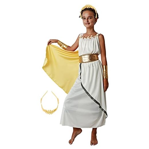 Gojoy shop- Disfraz Diosa Griega para Hombre y Mujeres Carnaval Halloween (Contiene:Diatema Dorada,Vestido con Capa,Cinturón.Brazalete y Mochila de Cuerdas.5 Tallas Diferentes.) (7-9 años)