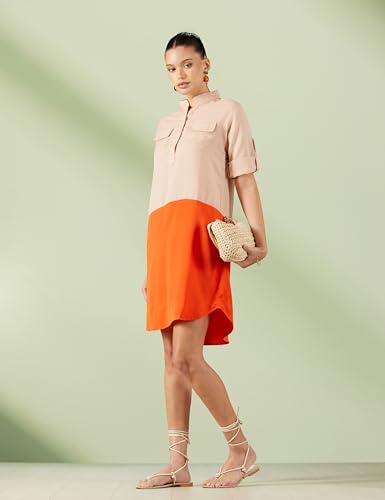 Image of Miss Chase Women's Beige and Orange Round Neck 3 /4 Sleeves Solid Colorblock Mini Shift Dress