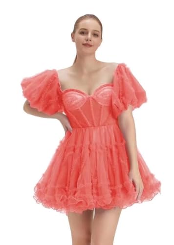 【Homecoming Dress Detail】:This puffy tulle homecoming dress is fully lined in polyester,soft and flowy.If you have any questions about it, please send us a message. 【Hoco Dress Features】:Off Shoulder Tulle Homecoming Dress 2024;Tiered Tulle Short Pro...