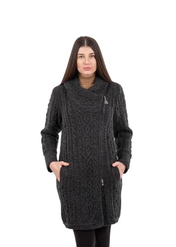 Image of SAOL Ladies Irish Aran Zip Cardigan - 100% Merino Wool Coat with Pockets and Hood, Made in Ireland