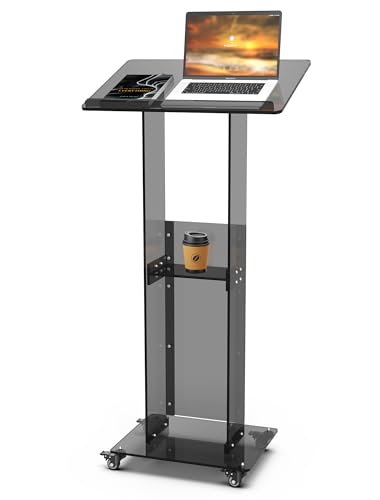 Acrylic Podium Stand with Lockable Wheels, 47" Black Podium Lectern Floor Standing Speaking Podium Modern Church Pulpit with Storage Shelf for Office Wedding School Speech Concert