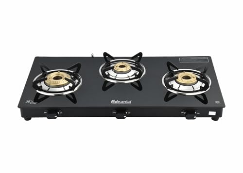Image of Advanta 3 Burner Glass Top Gas Stove, ISI Certified, 69 x 42 cm, Black, Brass Burners