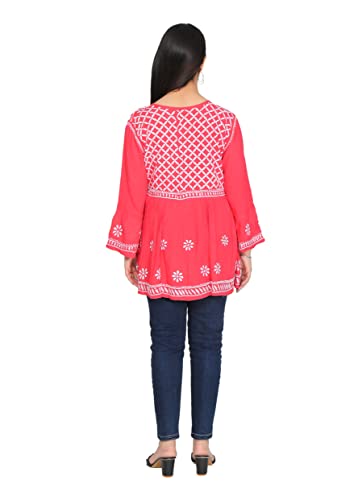 Image of FAWOMENT Women's Rayon Lucknowi Chikan Embroidered Short Frock Style Top - Designer Ethnic Wear with Bell Sleeves - Elegant & Comfortable Kurti for Daily, Festive & Casual Wear