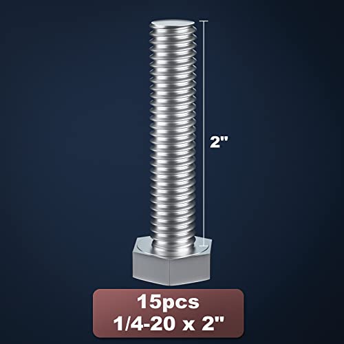 Image of 1 /4-20 x 2 (5 /8 to 5 inch Optional) Hex Head Screw Bolt, Stainless Steel 18-8(304), Fully Threaded,15pcs