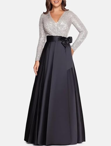 Womens Sequin Long Sleeves Evening Gown Long Satin Prom Dress Elegant A Line Wedding Guest Dress with Pocket3
