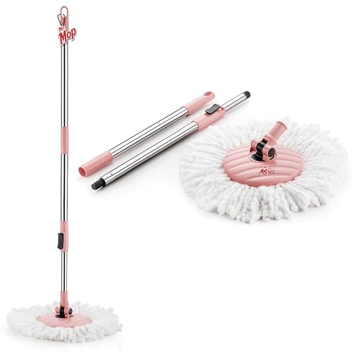 Image of Mr.Mop 360 Degree Spin Universal Stick Rod with 1 White Microfiber Refill / Magical Extendable Handle Pocha for Floor Cleaning - Mop Rod Set (Peach)