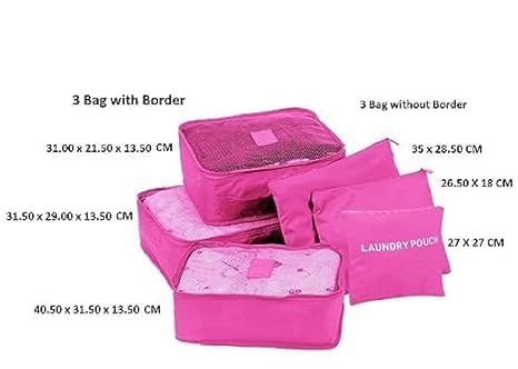 Image of 6 in 1 Polyester Secret Pouch Travel Bag Packing Cubes Laundry Bag with Undergarments & Cloth Storage Organizer Travelling Set /Suitcase Cloth Cube Bag (PINK 6 in 1 Travel Bag)