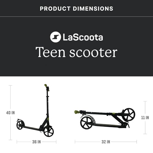 Image of LaScoota Kick Scooter for Kids Ages 6+, Teens & Adults, Large 8 inch Sturdy Urethane Wheels. Adjustable Handlebar, Lightweight, Foldable, 220lbs Max Load