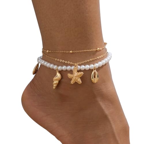 Image of Ankle Bracelets for Women Waterproof Beach Jewelry for Women Elastic Beaded Anklets Boho Seashell Pearl Starfish Anklets for Women Foot Jewelry