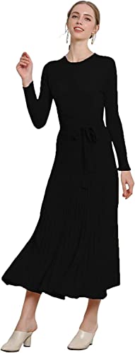 Image of Women's Long Sleeve Sweater Dress Ankle Length Fall Dress Vneck Knit Winter Dress