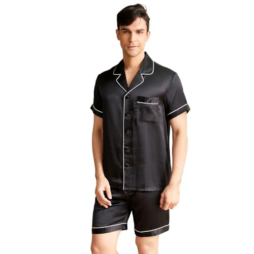 THXSILK Silk Pajamas Set for Men, Short Sleeves and Shorts, Pure Mulberry Silk Sleepwear
