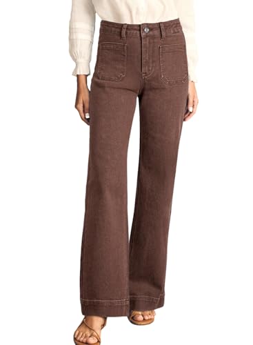 Astylish Women's Patch Pocket Jean Pants High Waist Button Bootcut Trousers Wide Leg Stretchy Vintage Denim Jeans with Front Pockets Coffee Size 2