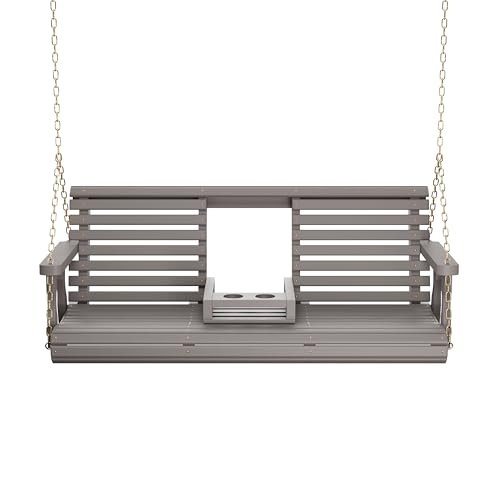 Image of Porchgate Amish Heavy Duty Console Porch Swing with Fold Down Cup Holders in Semi Solid Grey Stain - Amish Made in The USA from Treated Pine, Hanging Chains Included