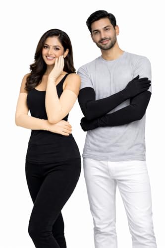 Image of Cotton UV Protection Arm Sleeves - Pack of 2 Beige Full Hand Sleeves with Finger Cover | Soft, Stretchable Sun Protection Gloves for Men & Women | Summer Driving, Biking Essentials