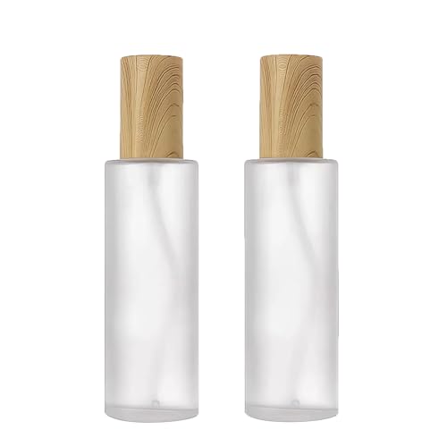 2 Pcs 120ml 4oz Frosted Clear Glass Pump Bottles, Empty Refillable Cosmetic Dispenser Bottle with Wood Grain Plastic Lid, Portable Toiletry Storage Vials for Lotion Foundation Essential Oil