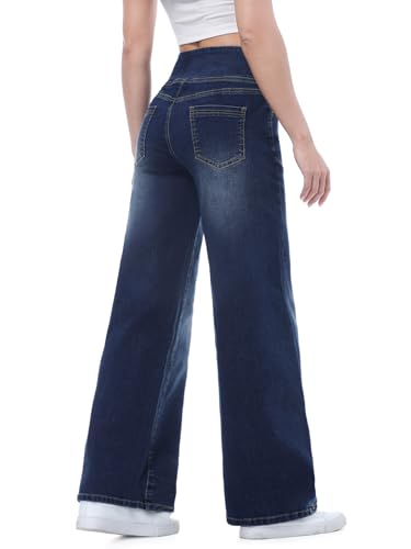 Pull on Wide Leg Jeans for Women, High Waisted Stretchy Baggy Trendy Tummy Control Straight Leg Jeans Denim Pants2