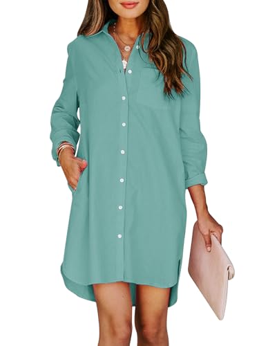 Image of Aoudery Womens Button Down Shirt Dresses with Pockets Cotton Button Up Tunics Long Sleeve Solid High Low Blouse Tops