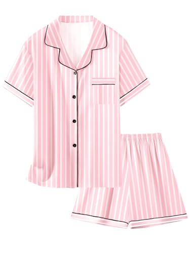 Image of Girls & Womens Satin Pajamas Set, Silk Button-Down Sleepwear 2 Piece Nightwear, 3 Years - Women XXL