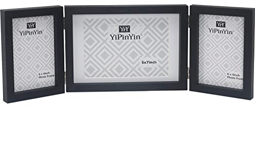 Black Triple Multi Photo Frame 2-6x4'' and 7x5'', Hinged Foldable 3 Picture Frames for Multiple Pictures 2-4x6''+ 5x7'', Black Wood effect College Picture Frames for Tabletop,Mother's Day Gift Frame