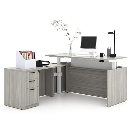 ALFA BUSINESS L-Shaped Height Adjustable Executive Standing Desk with 3-Drawer Filing Cabinet, Dual Motor Electric Home Office Desk, 76.73" x 66.93" Large Desktop