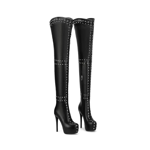 Over The Knee Boots for Women – Sexy Platform Stiletto Heels with Studded Design for Party and Club Wear Fashion Black Tight High Boots with Heel
