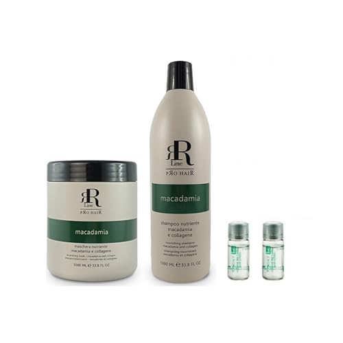 RR Set Shampoo PROFESSIONALE capelli e Maschera Capelli Ristrutturante con Macadamia e Collagene nutre e ammorbidisce, per capelli danneggiati e indisciplinati, + 2 fiale ristrutturanti OMAGGIO