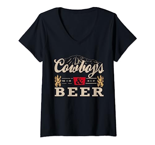Mujer Camisetas Vintage Cowboys Western And Beer, Cowboy Lovers Camiseta Cuello V