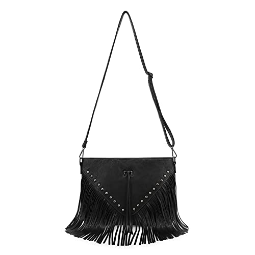 Black Fringe Purse Crossbody Bag for Women, Vintage Stud Large Fringe Crossbody Purse, Boho Shoulder Purse with Fringe