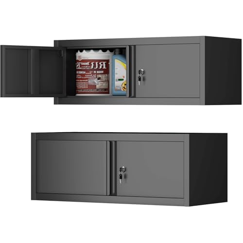 Locking Cabinet Wall Mounted, Metal Storage Cabinet with Keys, Tool Garage Storage Cabinet with Lockable Doors, Hanging Wall Cabinet for Home Office, Basement, Black