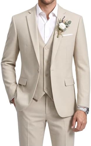 WULFUL Men's Slim Fit Suit 3 Piece One Button Business Suit Wedding Party Jacket Vest Pants