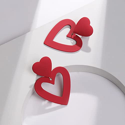 Poptopping Double Heart Drop Earrings Red Heart Zinc Earrings Love Heart Dangle Earrings For Women Valentine's Day Mother's Day Gift (Dark Red) #TOP4