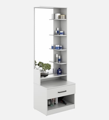 Image of Miko Dressing Table with Storage | Engineered Wood | Frosty White Matte Finish | Large Mirror (120x40 cm) | Bedroom Furniture | Knock Down Assembly