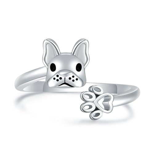 Senpotly 925 Sterling Silver French Bulldog Ring for Women Adjustable Puppy Paw Ring Adorable Corgi Animal Dog Paw Print Ring Jewelry Gifts for Daughter Granddaughter (French Bulldog)