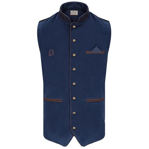 Steigenhöfer Trachtenweste Herren in Samtoptik - Edmund - Verstellbarer Rückenriegel - Tiefe Taschen - Traditionelle Kugelknöpfe - Einstecktuch - Ideal für ihr Oktoberfest Herren Outfit - Blau - M