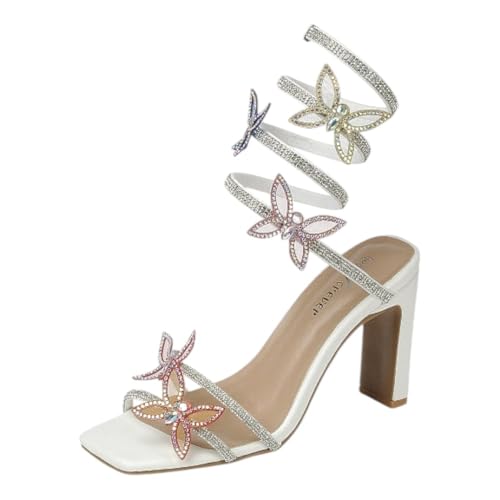 Forever Link Women's Rhinestone Butterfly Detail Spiral Coil Wrap Around Chunk Heel Sandals2