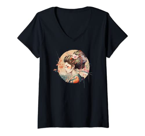 Femme Design de geisha gracieux hommage à la culture japonaise Kawaii T-Shirt avec Col en V