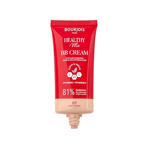 Bourjois Healthy Mix, 01 Ivoire, BB Crème, Fond de teint en crème, Couvrance et hydratation toute la journée, Vitamines C, E et B5, Formule clean et vegan, 30 ml