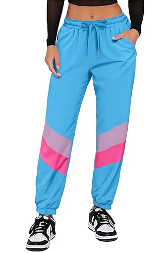 UOUA 80s Pants Women 90s Neon Workout Joggers Casual Reversible Sweatpants with Pockets Blue S