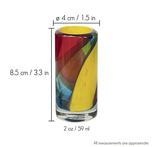 Mexican Tequila Shot Glasses - Set Of 6 Large Shot Glasses Pretty Novelty Design Multicolor Recycled Glassware Set Unique Artisan Crafted Dishwasher Safe Hand Blown 2 Oz #TOP2