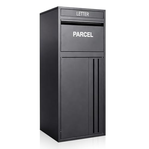 BELOFAY Floor Mounted Parcel Box Lockable Outdoor Parcel Delivery Box Weatherproof Steel Drop Box with Flip Lid & Secure Front Door Access Black 38.5D x 45W x 102.4Hcm