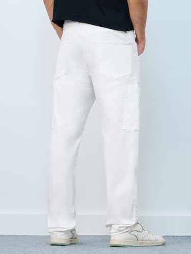Image of The Souled Store Men's Cargo Jeans: White Men and Boys Buttoned Solid Cotton Blend Straight Fit Cargo Jeans
