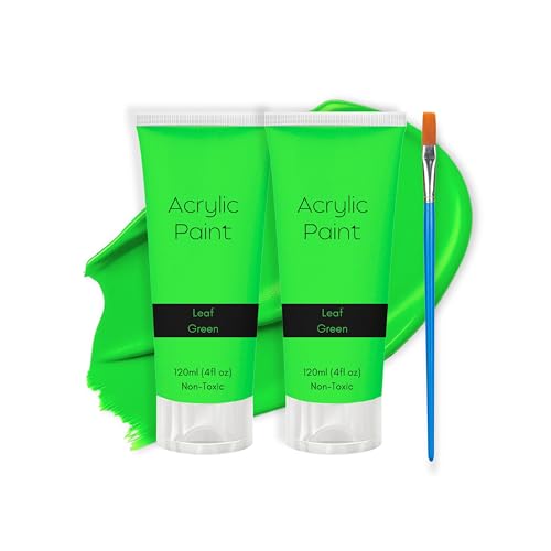 2 Pack Acrylic Paint Green 120ml with Bonus Brush - Non-Toxic,Quality & Vibrant Colours for Artists - Perfect for Wood, Fabric, Crafts, Canvas, Leather, Stone - Water-Based & Safe for All Levels