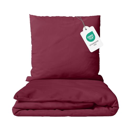 Class Home Collection Bettwäsche 135x200 Baumwolle – 2-teiliges Bettwäsche-Set mit Reißverschluss, Bettbezug + Kissenbezug 80x80 cm, Ganzjahres-Bettwäsche, Uni Bordeaux