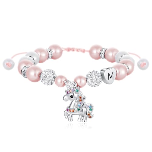 C-leen Unicorn Unicorn Bracelet Gifts for Girls Kids - Pink Pearl and Rhinestone Balls Heart Initial Unicorn Bracelets Adjustable Jewelry CZ Unicorn Bracelet Birthday Gifts for Teens