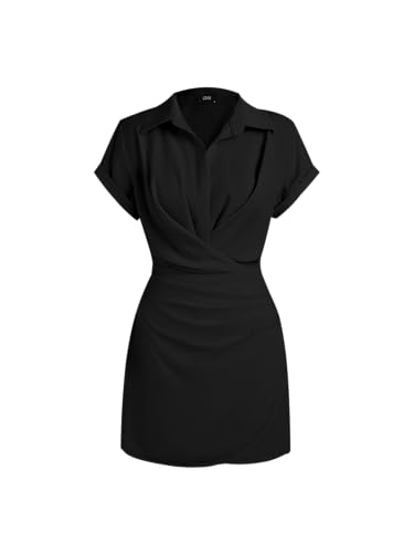 CIDER Dress for Women Collar Neck Mini Dress Middle Waist Buckle Wrap Short Sleeve Party Date Elegant
