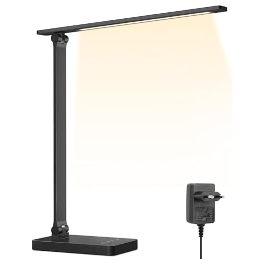 Lampe de Bureau LED 9.2W Puissante, 750LM, 5 Modes de Couleurs et 5 Niveaux de Luminosité, Anti-Éblouissement, Pied Réglable Contrôle Tactile, Noir