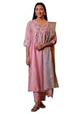 Aurelia Conjunto festivo de kurta, pantalones y dupatta bordados en color rosa, Rosa, M