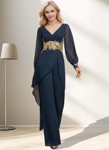 Long Sleeve Mother of The Bride Pant Suits for Wedding 2 Pieces V Neck Floral Formal Outfits for Women2