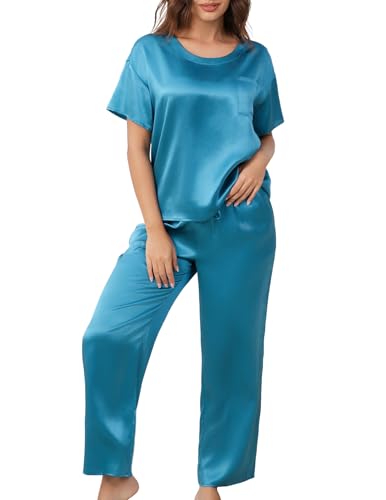 Image of THXSILK Mulberry Silk Womens Pajama Set with Pocket, 2 Piece Lounge Sets for Women, Short Sleeve Sleepwear